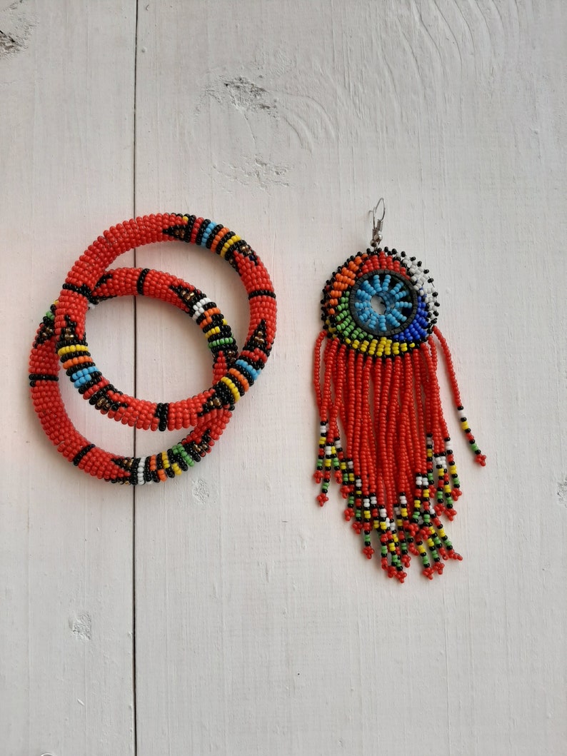 Beaded jewelry set Fringe earrings Beaded bracelets SALE African beaded jewelry Moms gift Christmas gift for her Women jewelry