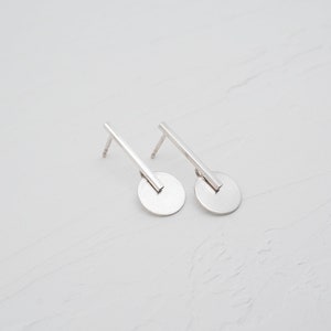 silver bar circle stud earrings, pendulum earrings