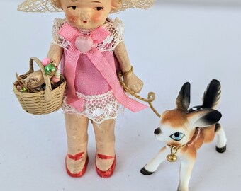 Tiny vintage bisque doll with her teeny pet fawn. This doll has been brought back to life with tons of vintage details.