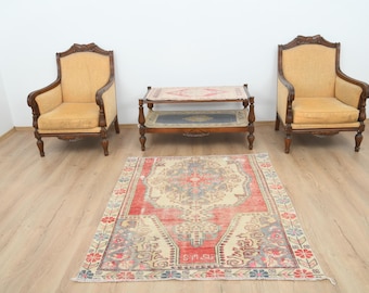 4x5 Rug,4x5 Vintage Rug,4x5 Oushak Rug,4x5 Turkish Rug,Anatolian Rug,4x5 Handmade Rug,Neutral Rug,Organic Wool Rug,Soft Vintage Rug,A-482