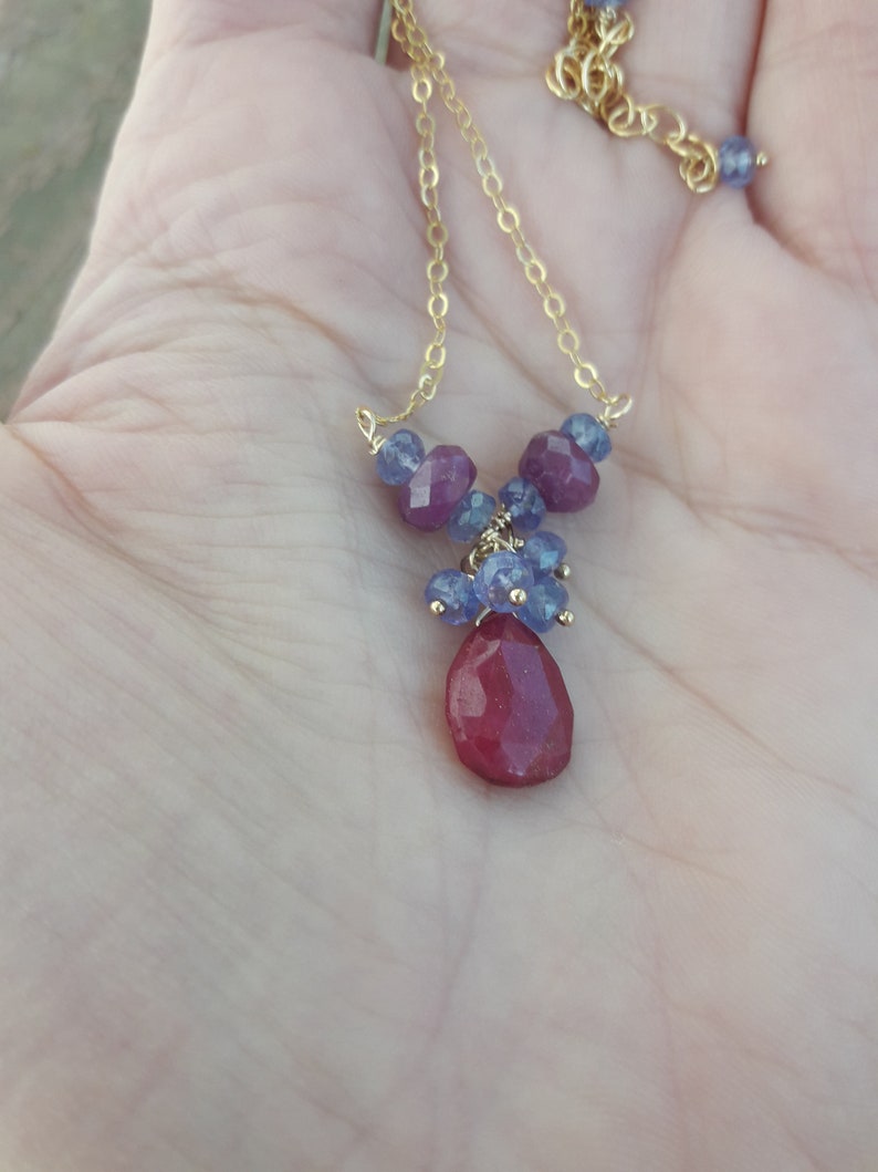 Delicate Ruby And Tanzanite 14K Gold Filled Necklace ; Boho Gold Filled Pendant Necklace;Elegant Woman Necklace;July Birthstone