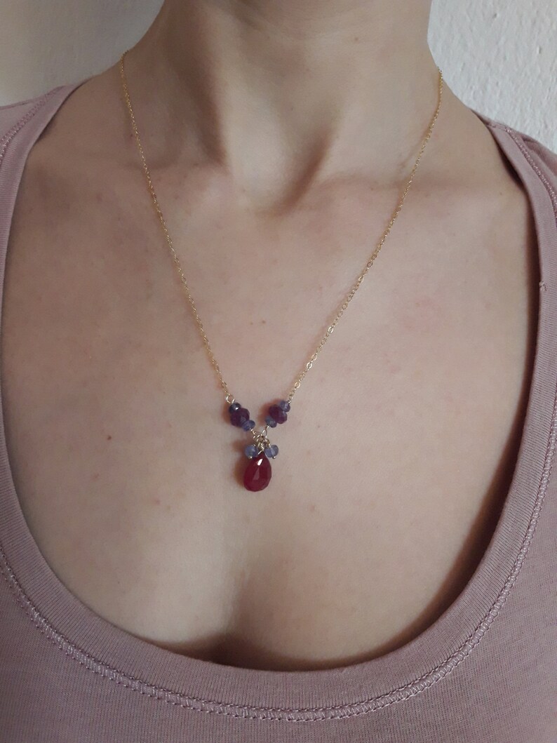 Delicate Ruby And Tanzanite 14K Gold Filled Necklace ; Boho Gold Filled Pendant Necklace;Elegant Woman Necklace;July Birthstone