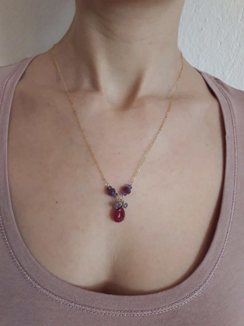 Delicate Ruby And Tanzanite 14K Gold Filled Necklace ; Boho Gold Filled Pendant Necklace;Elegant Woman Necklace;July Birthstone