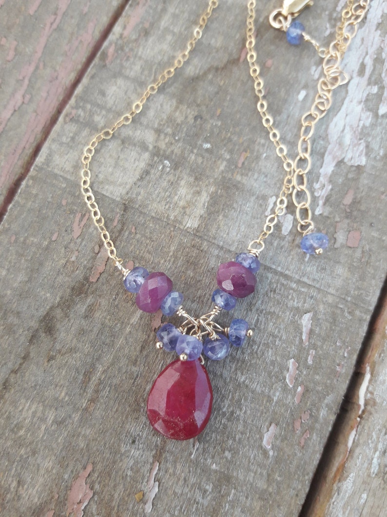 Delicate Ruby And Tanzanite 14K Gold Filled Necklace ; Boho Gold Filled Pendant Necklace;Elegant Woman Necklace;July Birthstone