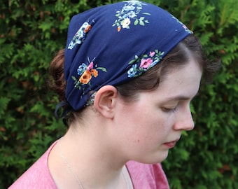 Navy Floral Brushed Knit - 8 inch Headband Headcovering