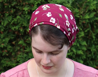 Burgundy Floral Brushed Knit - Full Coverage Headwrap Headcovering