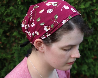 Burgundy Floral Brushed Knit - 8 inch Headband Headcovering