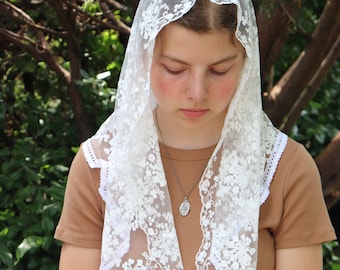 White Cotton Embroidered Rounded Triangle Veil - Headcovering - Headscarf - Chapel Veil - Mantilla - Silver Stitching Co