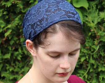 Navy Stretch Lace - 7 inch Headband Headcovering