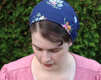 Navy Floral Brushed Knit - Full Coverage Headwrap Headcovering
