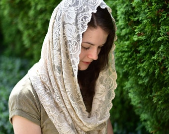 Beige Stretch Lace Infinity Veil - Headcovering - Headscarf - Chapel Veil - Mantilla