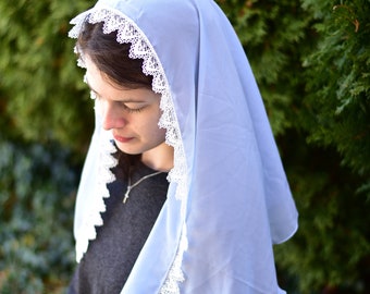 Chiffon Half Circle Veil, Blue with Cross trim - Headcovering - Headscarf - Chapel Veil - Mantilla - Silver Stitching Co