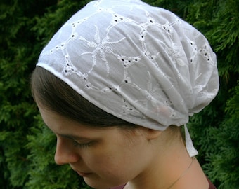 White Cotton Floral Eyelet Full Coverage Headcovering Headwrap