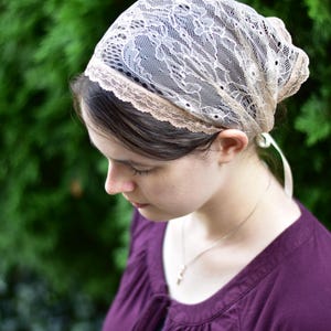 Beige Chantilly Lace - 11 inch Headband//Headwrap//Headcovering//Headscarf - Silver Stitching Co