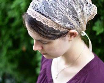 Beige Chantilly Lace - 11 inch Headband//Headwrap//Headcovering//Headscarf - Silver Stitching Co