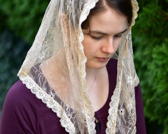 Beige Chantilly Lace Veil Triangle Shape - Headcovering - Headscarf - Chapel Veil - Mantilla - Silver Stitching Co