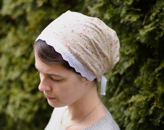 Cotton Florals with Lace Trim - Full Coverage Headband//Headwrap//Headcovering//Headscarf - Silver Stitching Co