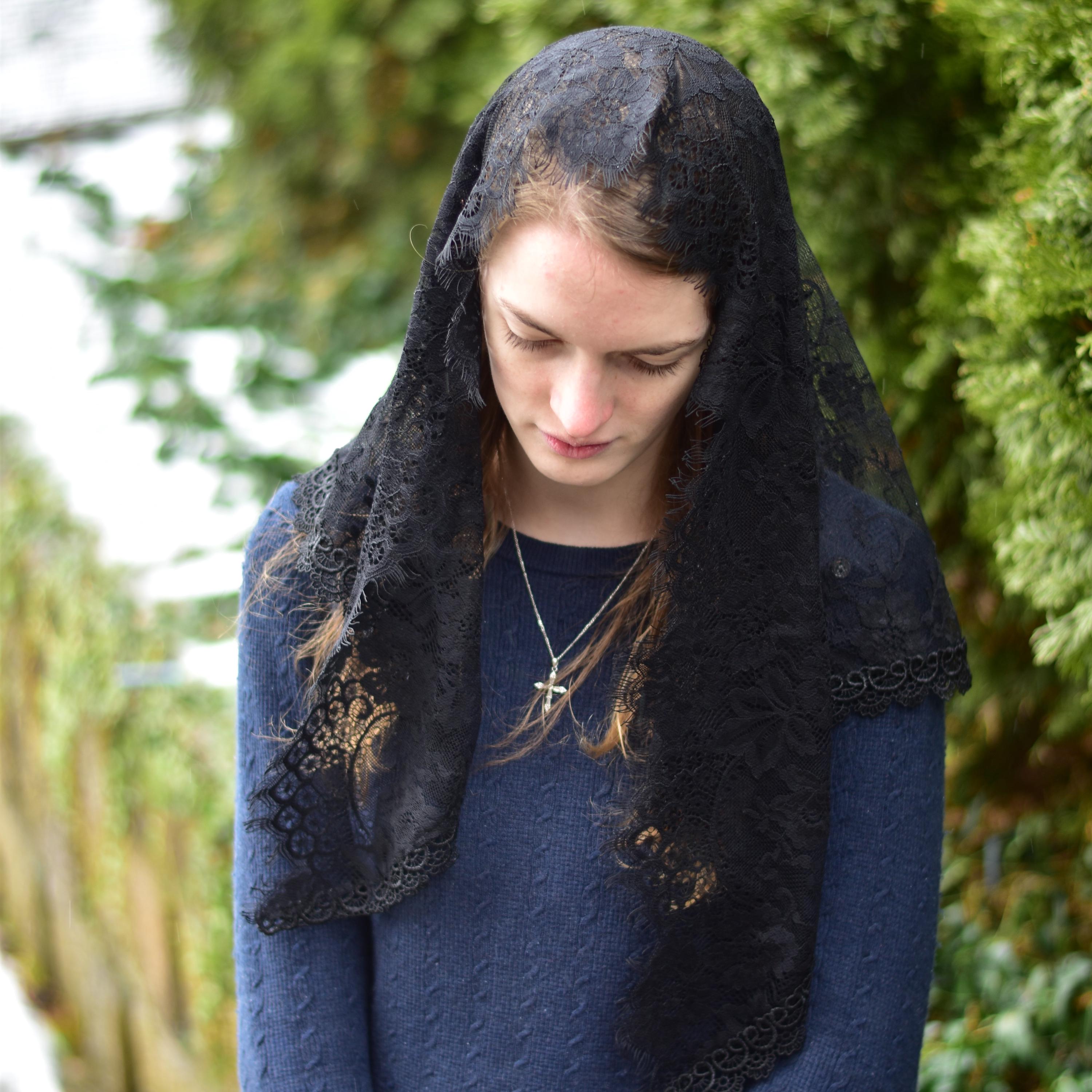 Black Chantilly Lace Bell shaped Veil - Headcovering - Headscarf - Chapel Veil - Mantilla - Silver Stitching Co