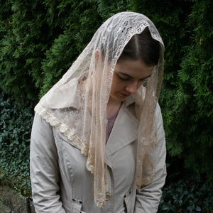 Beige Chantilly Lace Veil Bell Shape - Headcovering - Headscarf - Chapel Veil - Mantilla - Silver Stitching Co