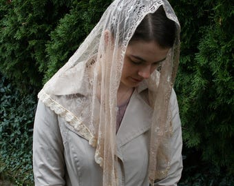 Beige Chantilly Lace Veil Bell Shape - Headcovering - Headscarf - Chapel Veil - Mantilla - Silver Stitching Co
