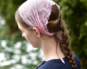 Pink Stretch Lace - 7 inch Headband//Headwrap//Headcovering//Headscarf - Silver Stitching Co