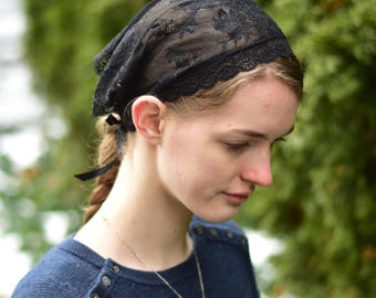 Black Chantilly Lace - 10 inch Headband//Headwrap//Headcovering//Headscarf - Silver Stitching Co