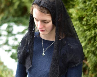 Embroidered Half Circle Veil - Headcovering - Headscarf - Chapel Veil - Mantilla - Silver Stitching Co