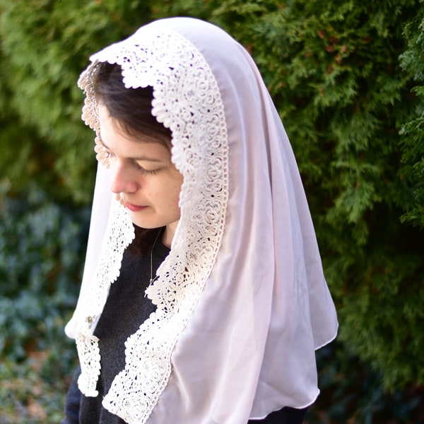 Chiffon Half Circle Veil, Cream or Blush- Headcovering - Headscarf - Chapel Veil - Mantilla - Silver Stitching Co