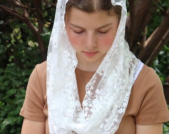 White Cotton Embroidered Infinity Veil - Headcovering - Headscarf - Chapel Veil - Mantilla - Silver Stitching Co