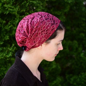 Gold Threaded Red Lace - Full Coverage Headband//Headwrap//Headcovering//Headscarf