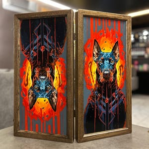 Backgammon Handmade of Ash Wood | Acrylic Painting of Doberman | Gift for Man | Perfect Father&#39;s Day Gift | Exclusive Backgammon Game
