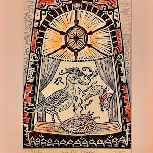 May include: A black and white woodcut print of two seagulls with a plate of fish in front of them. The print is framed in a decorative border and has the text "Seagulls' Delight" and the date "2/8/21" written on it.