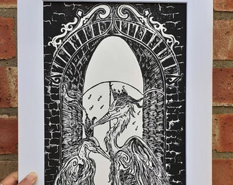 Fairy Tale Heron A4  original Lino print, entitled 'The Heron's Reign' with window mount