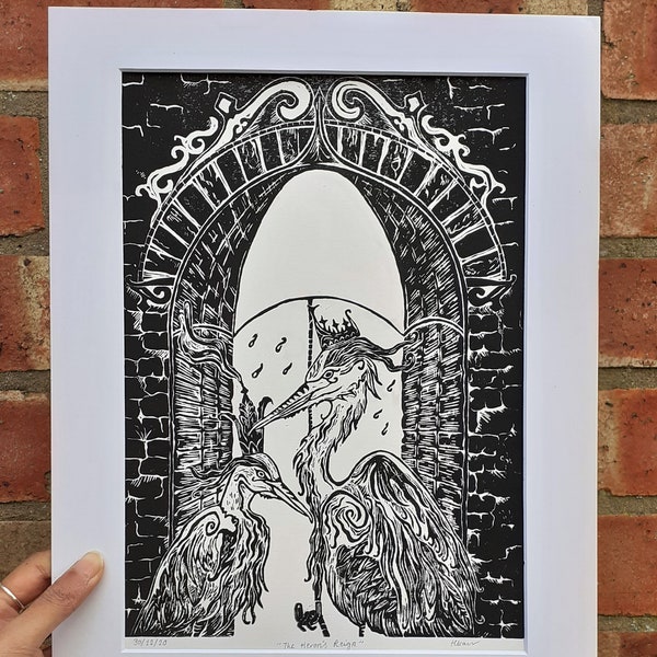 Fairy Tale Heron A4  original Lino print, entitled 'The Heron's Reign' with window mount