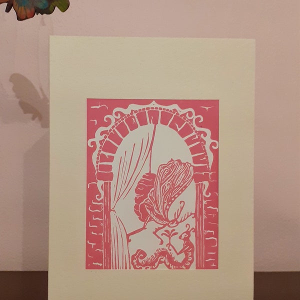 Hand crafted Fairy tale moth Valentin's card. Original Lino cut with A5 ivory hammered blank card & envelope. Quirky and magical.