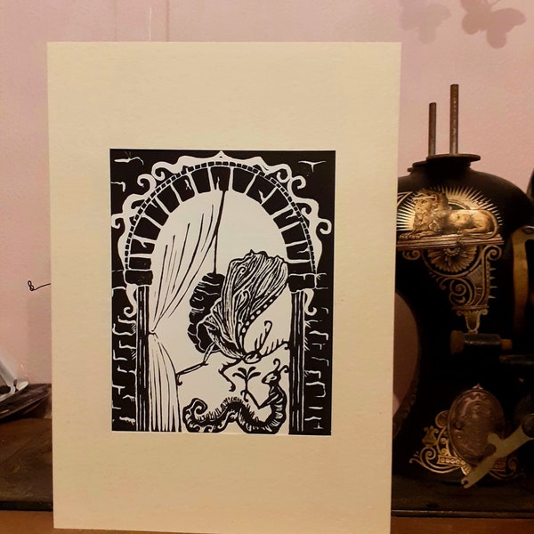 Hand crafted Fairy tale moth birthday or greetings card. Original Lino cut with A5 ivory hammered blank card & envelope. Quirky and magical.