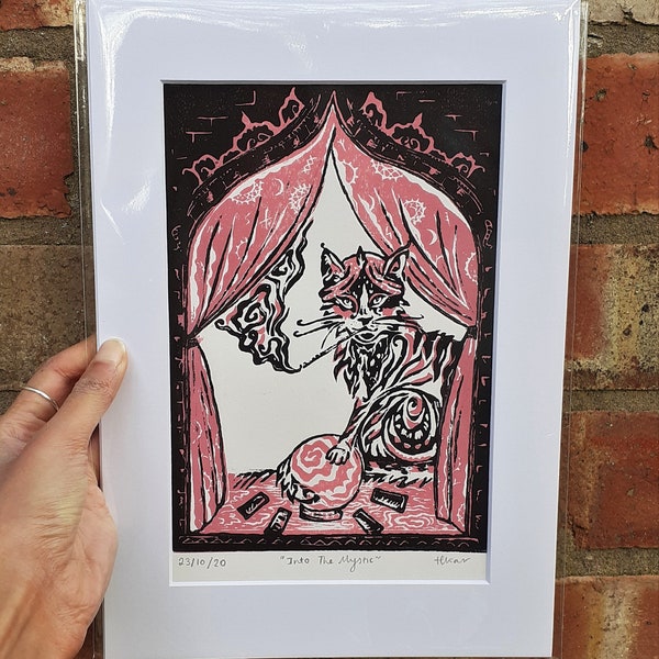 Mystic Cat Lino print entitled 'Into the Mystic', Original print (A4) with window mount.