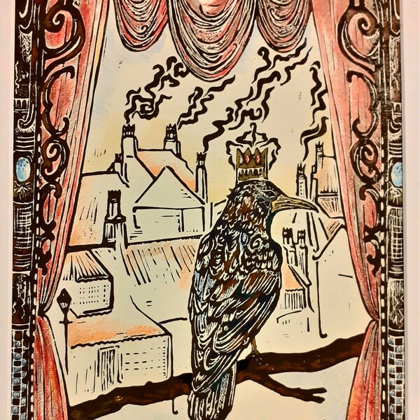 Fairy tale Crow Lino print, A4 Original entitled 'King of the Rooks' A4.