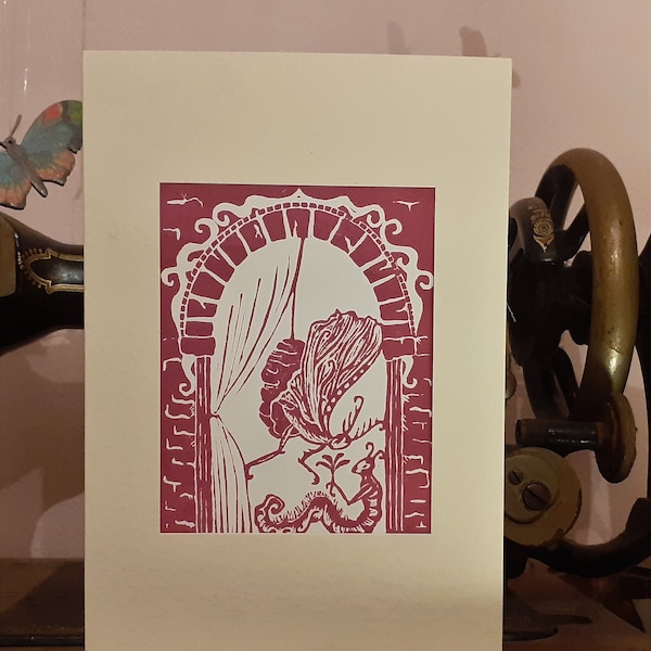 Hand crafted Fairy tale moth Valentine's card. Original Lino cut, plum, with A5 ivory hammered blank card & envelope. Quirky and magical.