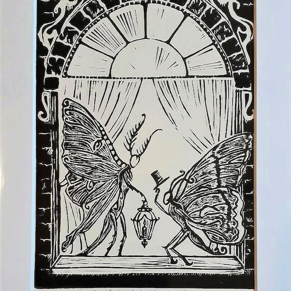 Fairy tale moth Lino print, Original Lino cut entitled 'With Love's Light Wings.' With window mount.