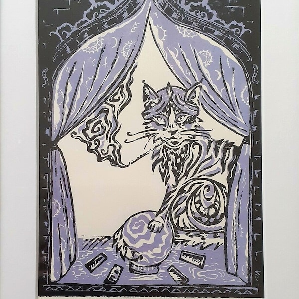 Mystic Cat Lino print entitled 'Into the Mystic', Original two colour print (A4) with window mount.