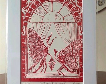 Fairy tale moth Lino print, Original Lino cut entitled 'With Love's Light Wings.' With window mount.