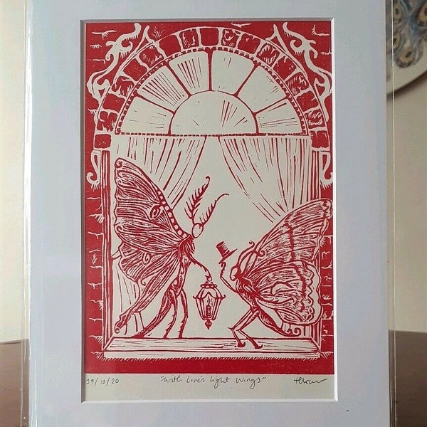 Fairy tale moth Lino print, Original Lino cut entitled 'With Love's Light Wings.' With window mount.