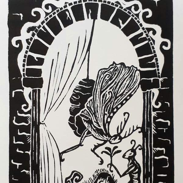 Mini Fairy tale moth Lino print, Original cut entitled 'Patiently Waiting.' Signed. Moth emerging from chrysalis.