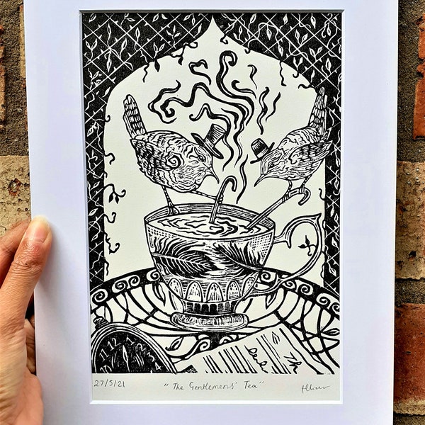 Fairy Tale Wren tea party lino print, original, A4 with window mount, entitled 'The Gentlemen's' Tea'