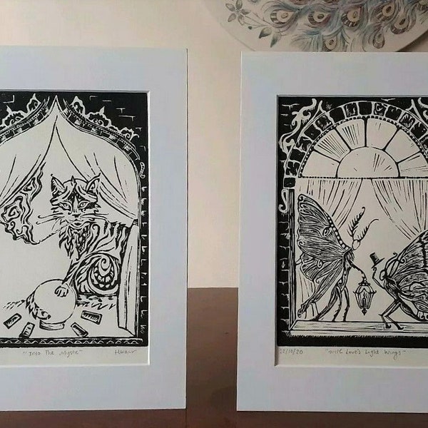 Set of two, Mystic Cat & Fairy Tale moth  Lino prints entitled 'Into the Mystic' and 'With Love's Light Wings' (A4) original, window mount.