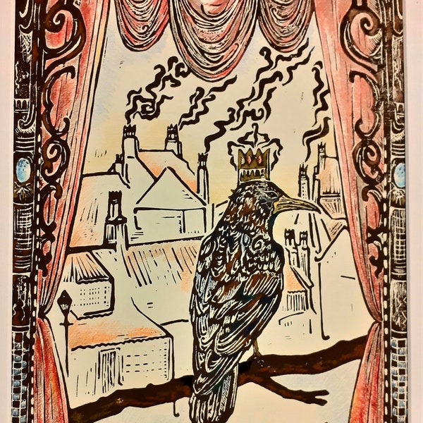 Fairy tale Crow Lino print, A4 Original entitled 'King of the Rooks' window mount