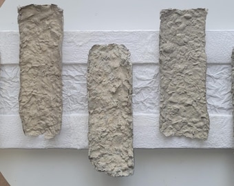 Puede incluir: Arte mural abstracto con seis formas rectangulares beige texturizadas y verticales sobre un fondo blanco. Las formas tienen una superficie rugosa e irregular, creando una pieza táctil y visualmente interesante. La obra de arte está montada sobre una base rectangular blanca.
