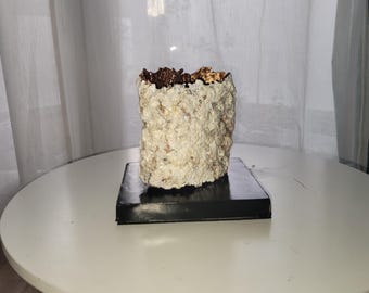 Puede incluir: Una escultura cilíndrica texturizada, de color blanquecino, con una parte superior marrón oscuro y dorada, colocada sobre una base cuadrada negra. La escultura tiene un aspecto rugoso y orgánico, y se exhibe sobre una mesa blanca.