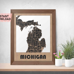 Michigan Land and Roads Karte Datei für Laser cut instant download svg crd dxf vektor graphics state auto CAD moderne Deko Dekoration Zuschnitt